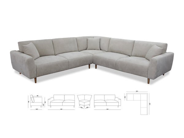 Gray sectional sofa with dimensions on a white background