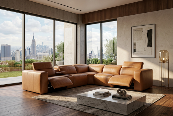 Morgan 5 seater modular in semi aniline leather with2 electric recliners